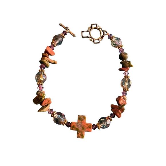 Unakite Jasper Cross Bracelet - Picture 1 of 13